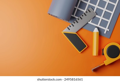 Construction design featuring blueprint, safety helmet, pencil, scale ruler on yellow background. Perfect for projects related to architecture, engineering, workplace safety. 3D render illustration - Powered by Shutterstock