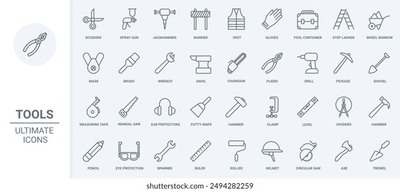 Construction diy tools and equipment for carpentry, building and repair work thin line icons set illustration. Abstract outline safety helmet and vest for worker, spanner and hammer, paint - Powered by Shutterstock