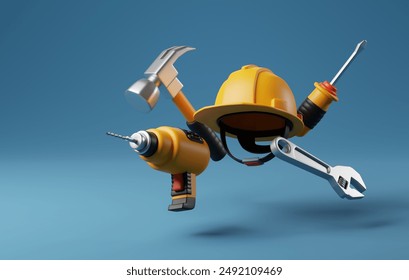 Construction featuring hard hat ,adjustable wrench, hammer, electric drill, screwdriver for construction and repairs. Ideal for projects related to building, infrastructure. 3D render illustration. - Powered by Shutterstock