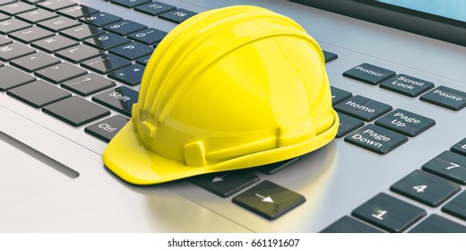 Construction Hard Hat On A Computer. 3d Illustration