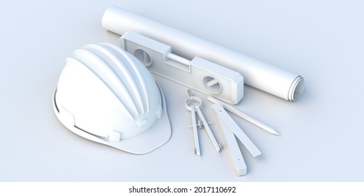 Construction hardhat, level instrument, caliper and building blueprints isolated on white background. Monochrome minimal project design and site equipment, creative engineer concept. 3d illustration - Powered by Shutterstock