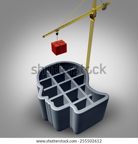 Construction head concept as a building shaped as a human face being built with a crane as an architecture development symbol or mental health and education icon. Stock photo © 