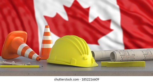 Construction industry in Canada. Hardhat and safety equipment on Canadian flag background, 3d illustration - Powered by Shutterstock