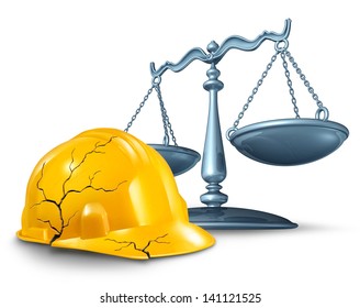 Construction injury law and work accident health hazards as a broken cracked yellow hardhat helmet and a scale of justice in a legal concept of worker compensation issues on a white background.