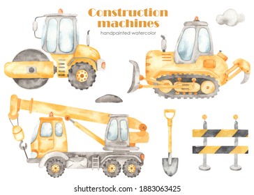 Construction machinery. Bulldozer, truck crane, road roller, protective tape, shovel, cloud. Watercolor clipart