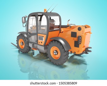 Construction Machinery Orange Telescopic Excavator For High Lifting 3D Render On Blue Background With Shadow