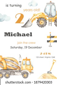 Construction Machinery, Premade Card. Boy Birthday Hand Drawn Invitation