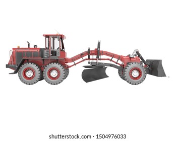 Construction Machinery Red Grader For Leveling Roads For Asphalting 3D Render On White Background No Shadow