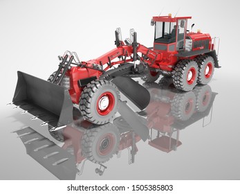 Construction Machinery Red Grader For Leveling Roads For Asphalt Road Isolated 3d Render On Gray Background With Shadow