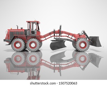 Construction Machinery Red Grader For Leveling Roads For Asphalting 3D Render On Gray Background With Shadow