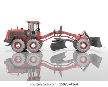 Construction Machinery Red Grader For Leveling Roads For Asphalting 3D Render On White Background With Shadow