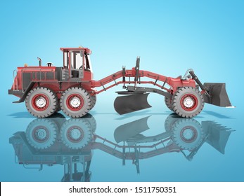 Construction Machinery Red Grader For Leveling Roads For Asphalting 3D Render On Blue Background With Shadow