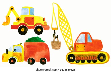 Construction Machinery Watercolor Work On A White Background. Children's Cars