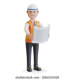 Construction manager project leader wearing safety helmet and vest holding blueprint 3D render illustration - Powered by Shutterstock