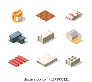 Construction Materials. Pile Bitumen Sack Sand Roofing Slab Wall Decoration Isometric Collection For Builders