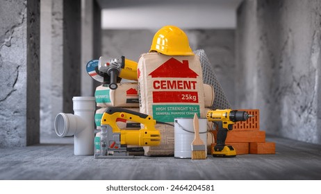 Construction materials and tools indoors with walls without finishing for renovation. 3d illustration - Powered by Shutterstock