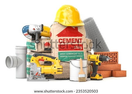 Construction materials and tools isolated on white background. 3d illustration