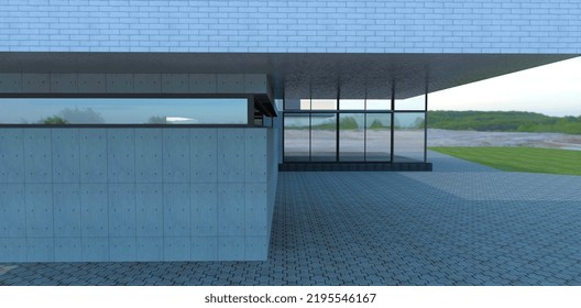 Construction of a modern country house on an individual project. Finishing the facade with concrete, brick and glass panels. 3d render. - Powered by Shutterstock