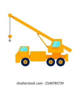 Construction Orange Crane Truck Side View Isolated On White Background. Flat Art  Illustration.