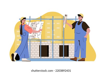 Construction plan concept. Team of architects review blueprints situation. Building, real estate business people scene. Illustration with flat character design for website and mobile site - Powered by Shutterstock