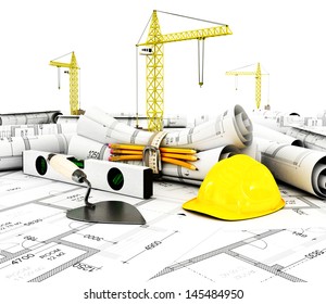 construction plan with roll, pencil, crane, helmet, trowel and level. 3d render