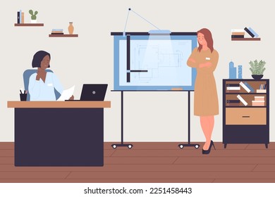 Construction planning and building project development. Team of professional architects talking about paper blueprint presentation on easel flat illustration. Architecture, profession concept