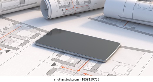 Construction project, architect engineer office concept. Mobile phone on blueprint plans background. 3d illustration