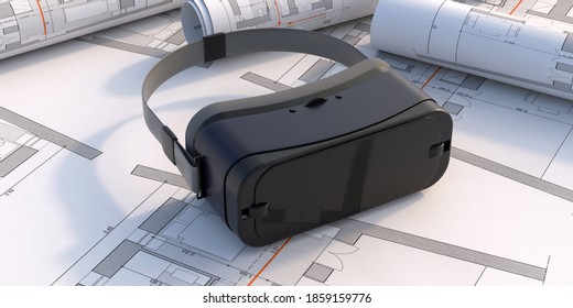 Construction Project, Virtual Reality Concept. VR Glasses On Blueprint Plans Background. 3d Illustration