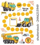 Construction reward chart for girls and boys. Building machines reward chart. Table of behavior and routine work of kids. Illustration.