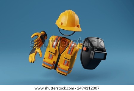 Construction safety featuring hard hat, safety vest, worker gloves, welding mask for projects related to building, infrastructure. Enhance your visuals symbol of protection. 3D render illustration.