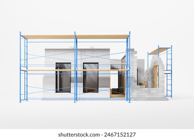 Construction scaffolding surrounding a modern building under construction, displayed on a plain white background. Concept of building progress.  3D Rendering - Powered by Shutterstock