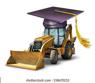 Construction School And Industrial Machinery Equipment Training With A Bulldozer Wearing A Graduation Cap Or Mortar Board As A Symbol Of Professional Development In Building Architectural Structures.