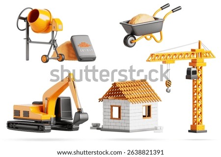 Construction site 3d set with block house, crane, excavator, concrete mixer, cement bag, sand pile, wheelbarrow. Heavy industrial machinery and building materials isolated render icon. 3D Illustration