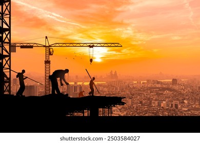 Construction site with buildings and cranes. skyscraper under construction. excavator, dump truck, tipper. vector illustration, sun set and cityscape silhouette - Powered by Shutterstock