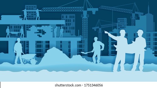 Construction Site With Engineer And Workers, Illustration In Paper Art Modern Craft Style. Home Building Industry Concept For Poster, Banner, Website Page Etc.