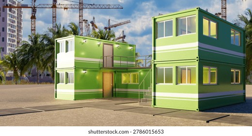 Construction site installs modular container buildings for temporary offices, workforce housing, and portable infrastructure development projects 3D image
