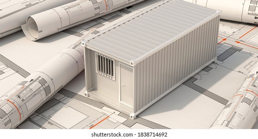 Construction Site Office, Cargo Container Box Model On Building Blueprint Plans Background. Industrial Project Design. 3d Illustration	