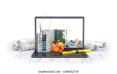 Construction Site On The Screen Of A Laptop Computer, Skyscraper, Drawing Plan, Building Materials. 3d Illustration