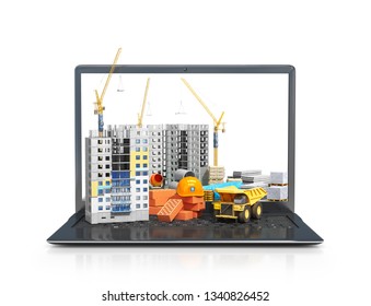 Construction Site On The Screen Of A Portable Computer, Skyscraper Building, Building Materials. 3d Illustration