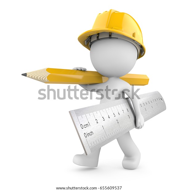 再び建設時間 大きな定規と鉛筆を持つ建築家の3dキャラクター 黄色いテーマ 3dレンダリング のイラスト素材