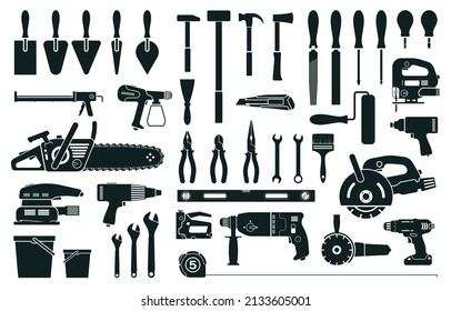 Construction tools, home repair or renovation instruments silhouette. Hammer, screwdriver, drill, pliers. Carpenter building tool icon  set. Professional equipment for house remodeling - Powered by Shutterstock