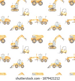 Construction Vehicles, Dump Truck, Grader, Forklift, Bulodozer, Excavator On A White Background. Watercolor Seamless Pattern