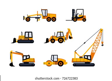 Construction Vehicles - Modern Flat Design Icon Set. Loader, Excavator, Backhoe, Bulldozer, Crane, Paving Machine, Road Grader, Forklift. Heavy Machinery To Build Cities.