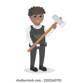 Construction Worker African Holding Sledge Hammer Design Character On White Background