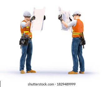 Construction worker, foreman engineer wearing vest, protective helmet holding building blueprint. Worker builder professional at project planning work. Construction site illustration 3D design element - Powered by Shutterstock