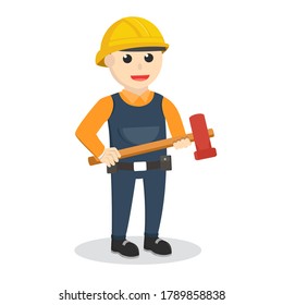 Construction Worker Holding Sledge Hammer Design Character On White Background