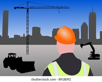 Construction worker with machinery and crane at Boston building site JPG