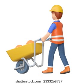 construction worker pushing wheelbarrow 3d cartoon character illustration