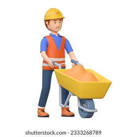 construction worker pushing wheelbarrow 3d cartoon character illustration - Powered by Shutterstock