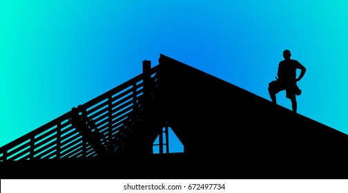 Construction worker silhouette standing on a building with a blue gradient background